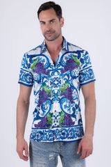Men's Wholesale Vineyard Floral  Rhinestone Short-Sleeve Shirt | BARABAS 6SSR11 Blue