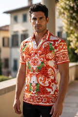 Men's Wholesale Vineyard Floral  Rhinestone Short-Sleeve Shirt | BARABAS 6SSR11 Red