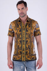 Men's Wholesale Tiger Floral  Rhinestone Short-Sleeve Shirt | BARABAS 6SSR12 Black Gold