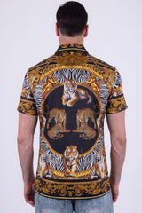 Men's Wholesale Tiger Floral  Rhinestone Short-Sleeve Shirt | BARABAS 6SSR12 Black Gold