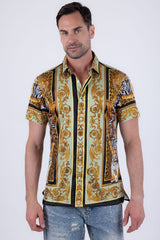 Men's Wholesale Tiger Floral  Rhinestone Short-Sleeve Shirt | BARABAS 6SSR12 Sage
