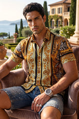 Men's Wholesale Tiger Floral  Rhinestone Short-Sleeve Shirt | BARABAS 6SSR12 Sage Gold