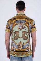 Men's Wholesale Tiger Floral  Rhinestone Short-Sleeve Shirt | BARABAS 6SSR12 Sage Gold