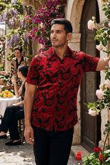 Barabas Wholesale Men's See-Through Floral Printed Short Sleeve Shirts 6SST03 Black Scarlet