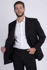 Barabas Men's Pinstripe Double Breasted Shawl Lapel Suit 6SU03 Black White