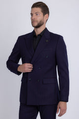 Barabas Wholesale Men's Pinstripe Double Breasted Shawl Lapel Suit 6SU03 Navy Red