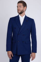 Barabas Men's Pinstripe Double Breasted Shawl Lapel Suit 6SU03 Royal White