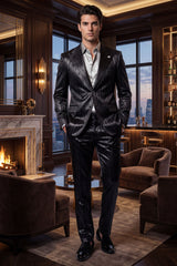 Barabas Wholesale Men's Shiny Metallic Striped Pattern Notch Wide Lapel Suit 6SU04 Black