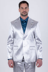 Barabas Wholesale Men's Shiny Metallic Striped Pattern Notch Wide Lapel Suit 6SU04 Silver