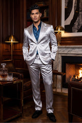 Barabas Wholesale Men's Shiny Metallic Striped Pattern Notch Wide Lapel Suit 6SU04 Grey