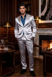 Barabas Wholesale Men's Shiny Metallic Striped Pattern Notch Wide Lapel Suit 6SU04 Grey