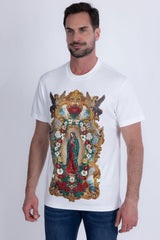 Barabas Men's Our Lady of Guadalupe Rhinestone Crew Neck T-Shirt 6TR01 White