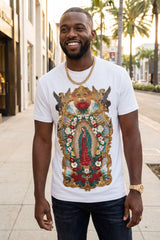 Barabas Men's Our Lady of Guadalupe Rhinestone Crew Neck T-Shirt 6TR01 White