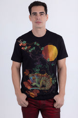 Barabas Men's Rhinestone Iguana Floral Crew-neck T-shirt 6TR03 Black