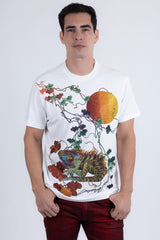 Barabas Wholesale Men's Rhinestone Iguana Floral Crew-neck T-shirt 6STR03 White