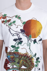 Barabas Wholesale Men's Rhinestone Iguana Floral Crew-neck T-shirt 6STR03 White