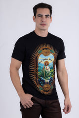 Barabas Wholesale Men's San Judas Tadeo Rhinestone T-Shirt Crew Neck 6TR04 Black