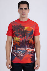 Barabas Wholesale Men's Miami Classic Cars Rhinestones Crew Neck Shirt 6TR06 Red