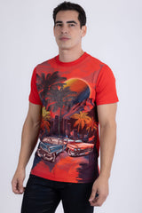 Barabas Wholesale Men's Miami Classic Cars Rhinestones Crew Neck Shirt 6TR06 Red