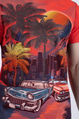 Barabas Wholesale Men's Miami Classic Cars Rhinestones Crew Neck Shirt 6TR06 Red