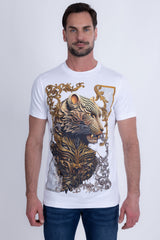 Barabas Men's Panther Rhinestone Stretch Crew Neck T-Shirt 6TR08 White