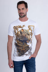 Barabas Men's Panther Rhinestone Stretch Crew Neck T-Shirt 6TR08 White