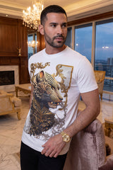 Barabas Men's Panther Rhinestone Stretch Crew Neck T-Shirt 6TR08 White