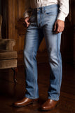 Men's Wholesale Western Fleur-De-Lis "B' Straight-Fit Jeans | BARABAS 6WD02 Light Blue