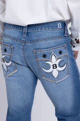 Men's Wholesale Western Fleur-De-Lis "B' Straight-Fit Jeans | BARABAS 6WD02 Sky Blue