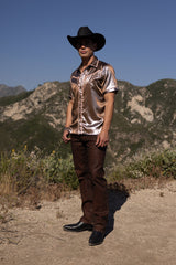 Barabas Wholesale Men's Metallic Shiny Short Sleeve Casual Western Shirt 6WS02 Brown Light Pink