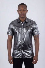 Barabas Wholesale Men's Metallic Shiny Short Sleeve Casual Western Shirt 6WS02 Charcoal Brown