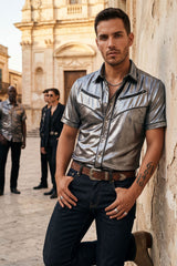 Barabas Wholesale Men's Metallic Shiny Short Sleeve Casual Western Shirt 6WS02 Black Black