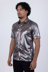Barabas Wholesale Men's Metallic Shiny Short Sleeve Casual Western Shirt 6WS02 Charcoal Brown