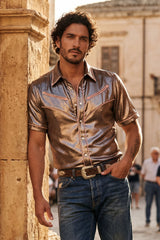 Barabas Wholesale Men's Metallic Shiny Short Sleeve Casual Western Shirt 6WS02 Brown Light Pink
