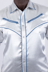 Barabas Wholesale Men's Metallic Shiny Short Sleeve Casual Western Shirt 6WS02 White Blue