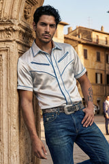 Barabas Wholesale Men's Metallic Shiny Short Sleeve Casual Western Shirt 6WS02 White Blue