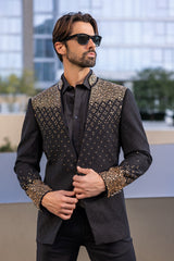 Barabas Wholesale Men's Geometric Pattern Rhinestone Henley Lapel Blazer 4EBL53 Gold