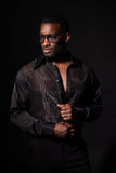 Barabas Wholesale Men's See Through Geometric Shiny Long Sleeve Shirts 5B01 Black