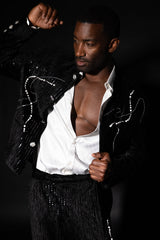 Barabas Wholesale Men's Rhinestone Striped Pearls Sequins Suit 5ESU01 Black