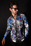 Barabas Wholesale Men's Rhinestones Tiger Cheetah Textured Long Sleeve Shirts 5SPR01 Blue