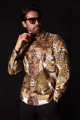Barabas Wholesale Men's Rhinestones Tiger Cheetah Textured Long Sleeve Shirts 5SPR01 Brown