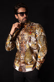 Barabas Wholesale Men's Rhinestones Tiger Cheetah Textured Long Sleeve Shirts 5SPR01 Brown