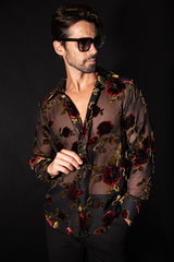 Barabas Wholesale Men's See Through Floral Pattern Long Sleeve Shirts 5B16 Black