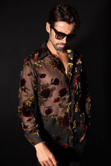 Barabas Wholesale Men's See Through Floral Pattern Long Sleeve Shirts 5B16 Black