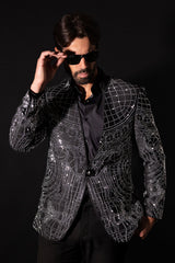 Barabas Wholesale Men's Geometric Studded Henley Lapel Blazer 3BLR14 Black Silver