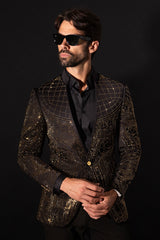 Barabas Wholesale Men's Geometric Studded Henley Lapel Blazer 3BLR14 Black Gold