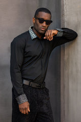 Barabas Wholesale Men's Rhinestone Collar Cuff Long Sleeve Shirt 3B29 Black Silver