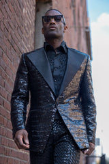 Barabas Wholesale Men's Linear Sequin Design Peak Lapel Shiny Blazer 4BLR34 Black