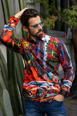Barabas Wholesale Men's Rhinestone Floral Lion Long Sleeve Shirts 4SPR05 Red
