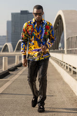 Barabas Wholesale Men's Rhinestone Floral Lion Long Sleeve Shirts 4SPR05 Royal
